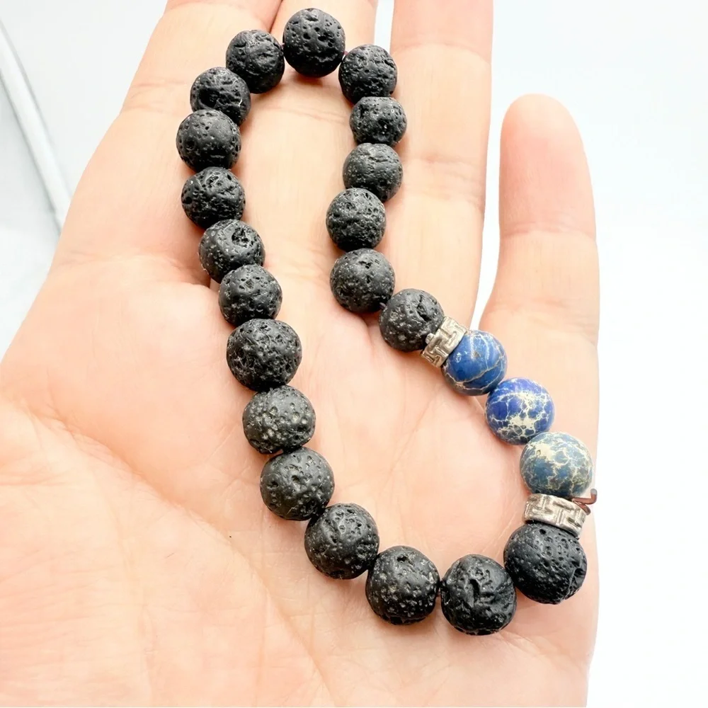 Blue Aqua Terra Jasper Black Lava Black and Blue Beaded Bracelet - Picture 3 of 10